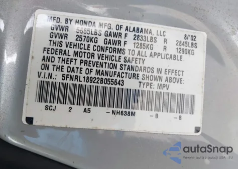 2002 Honda Odyssey Ex-L из США, поврежденный, VIN 5FNRL18922B055643